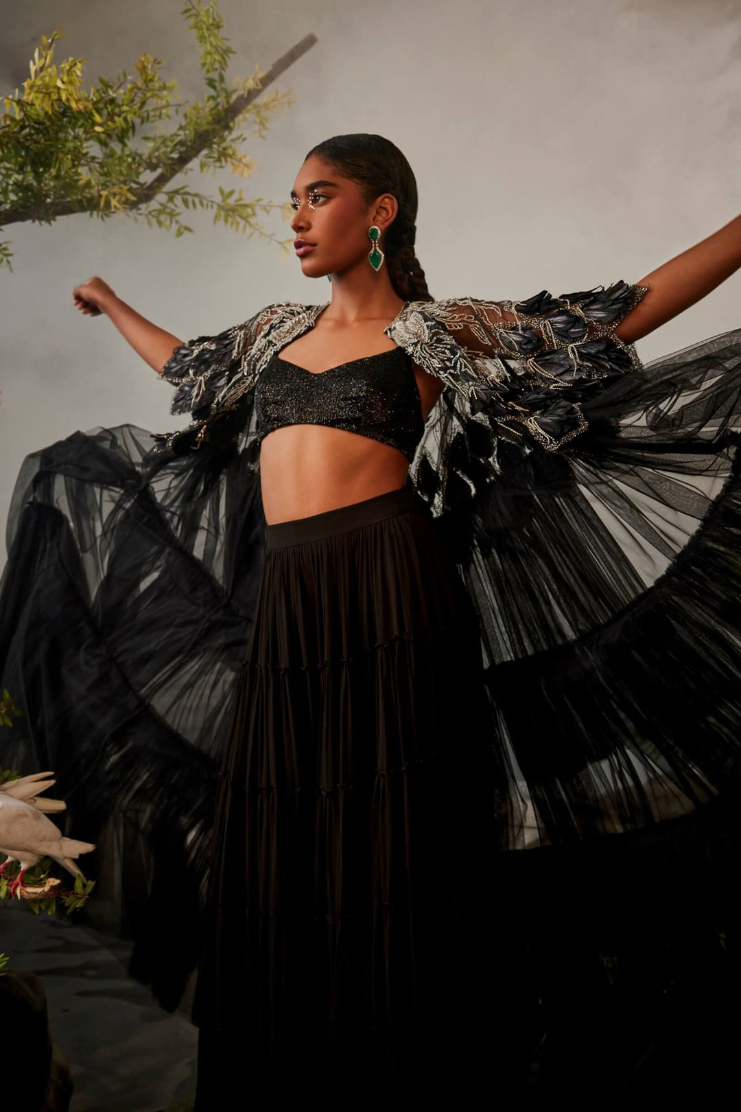Feather Embellished Tiered Jacket With Draped Sharara And Beaded Bralet