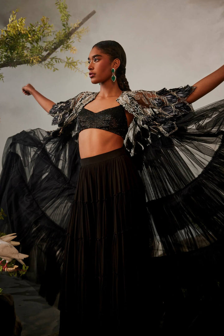 Feather Embellished Tiered Jacket With Draped Sharara And Beaded Bralet