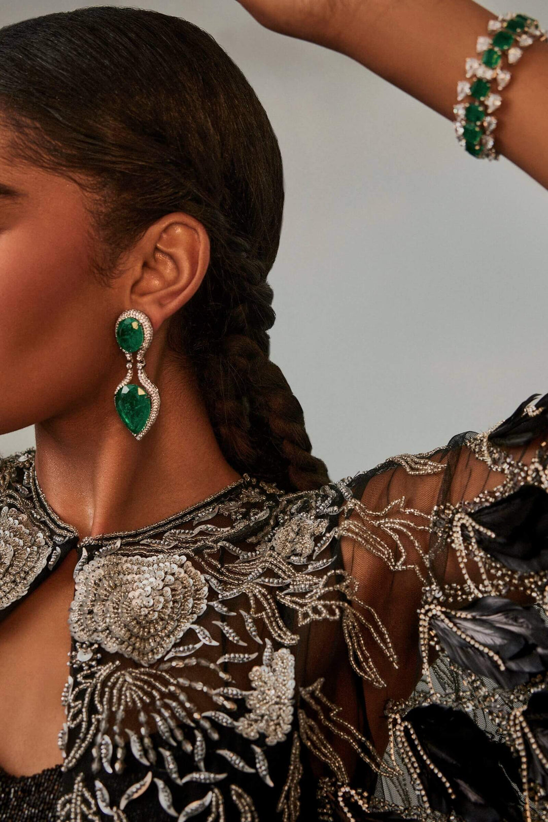 Feather Embellished Tiered Jacket With Draped Sharara And Beaded Bralet
