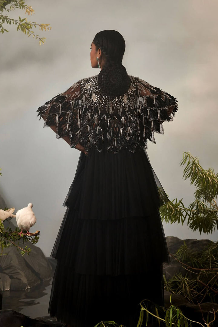 Feather Embellished Tiered Jacket With Draped Sharara And Beaded Bralet