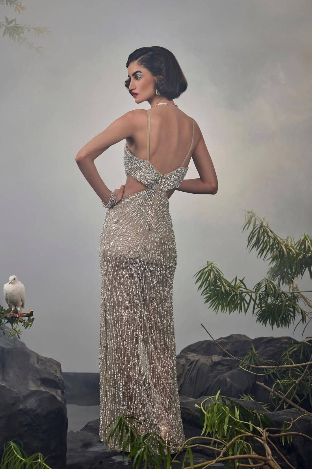 Silver Beaded Cutout Gown With Slit
