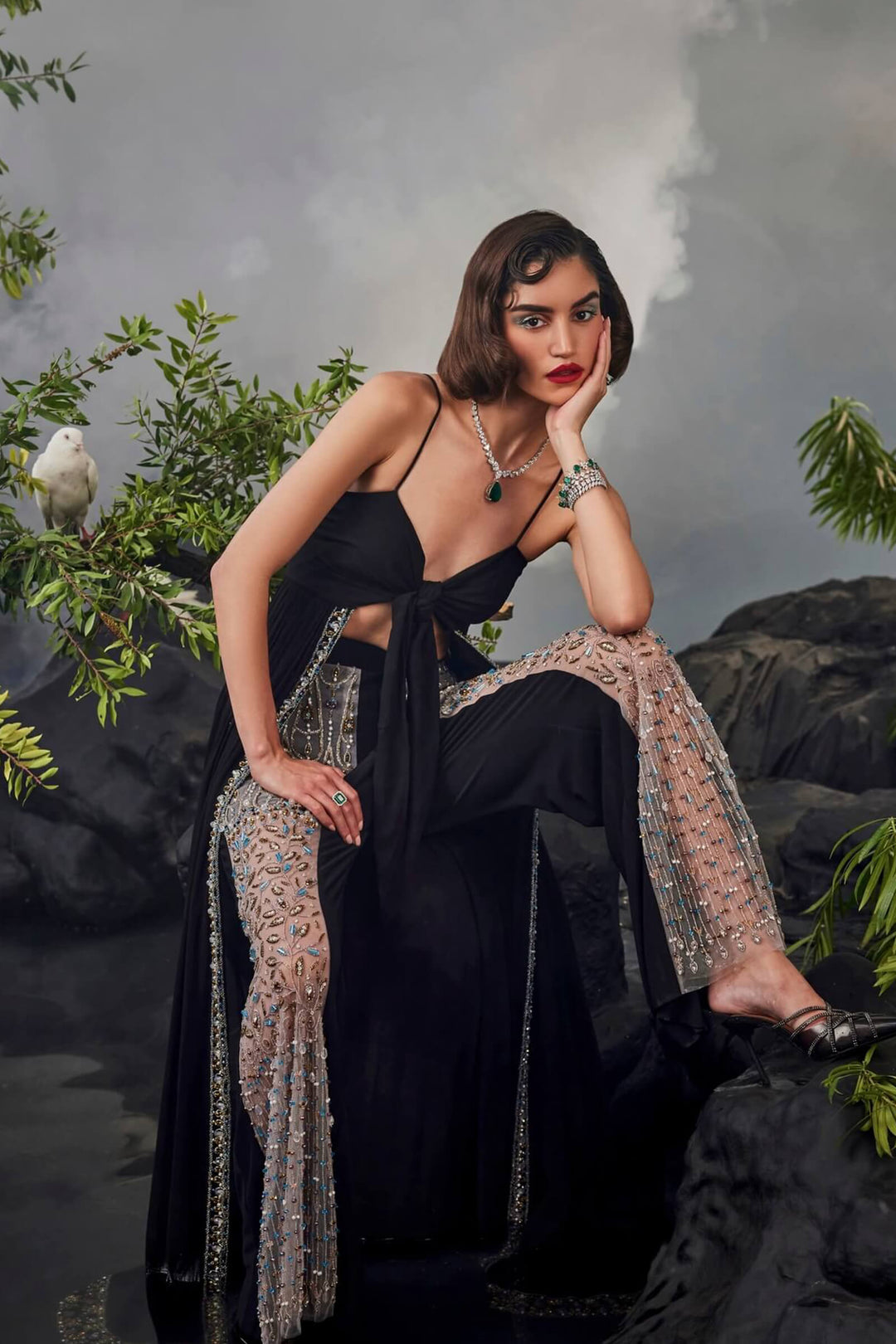 Tie Up Tunic With Sheer Panel Pants
