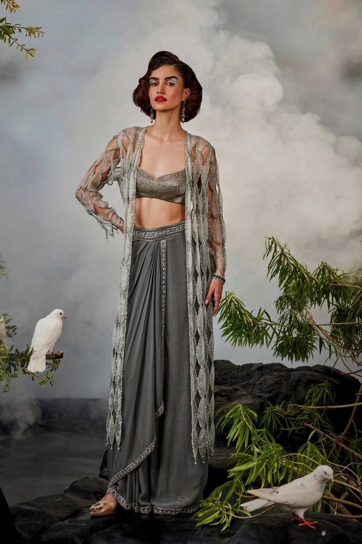 Organza Cutwork Jacket With Beaded Blouse And Draped Skirt