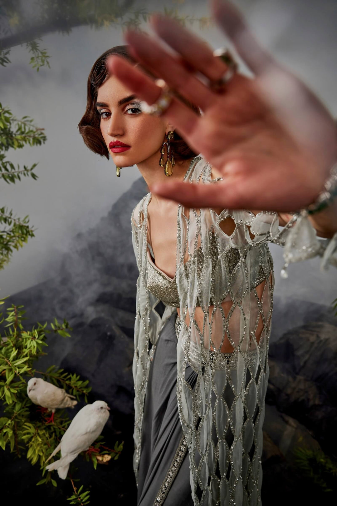 Organza Cutwork Jacket With Beaded Blouse And Draped Skirt