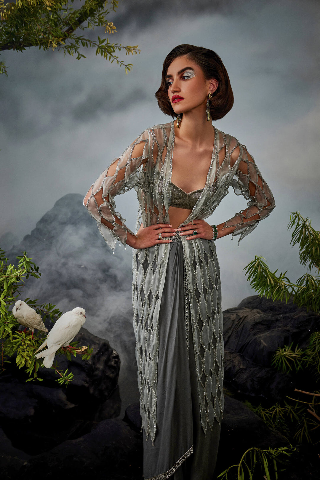 Organza Cutwork Jacket With Beaded Blouse And Draped Skirt