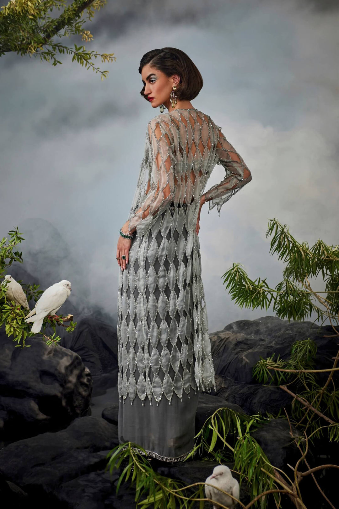 Organza Cutwork Jacket With Beaded Blouse And Draped Skirt