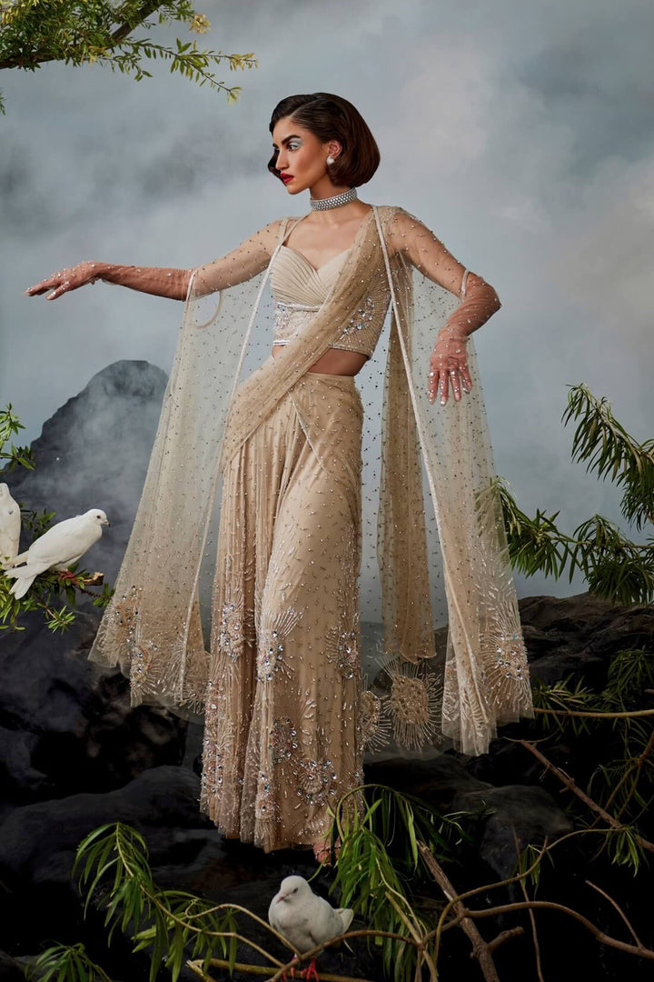 Champagne Sharara Saree With Pleated Blouse And Cape