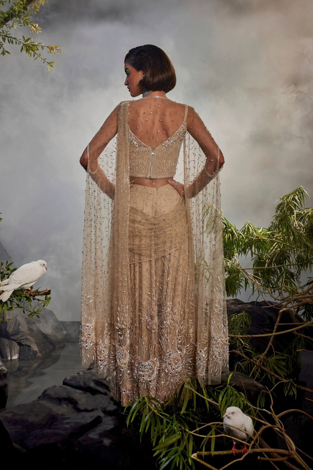 Champagne Sharara Saree With Pleated Blouse And Cape