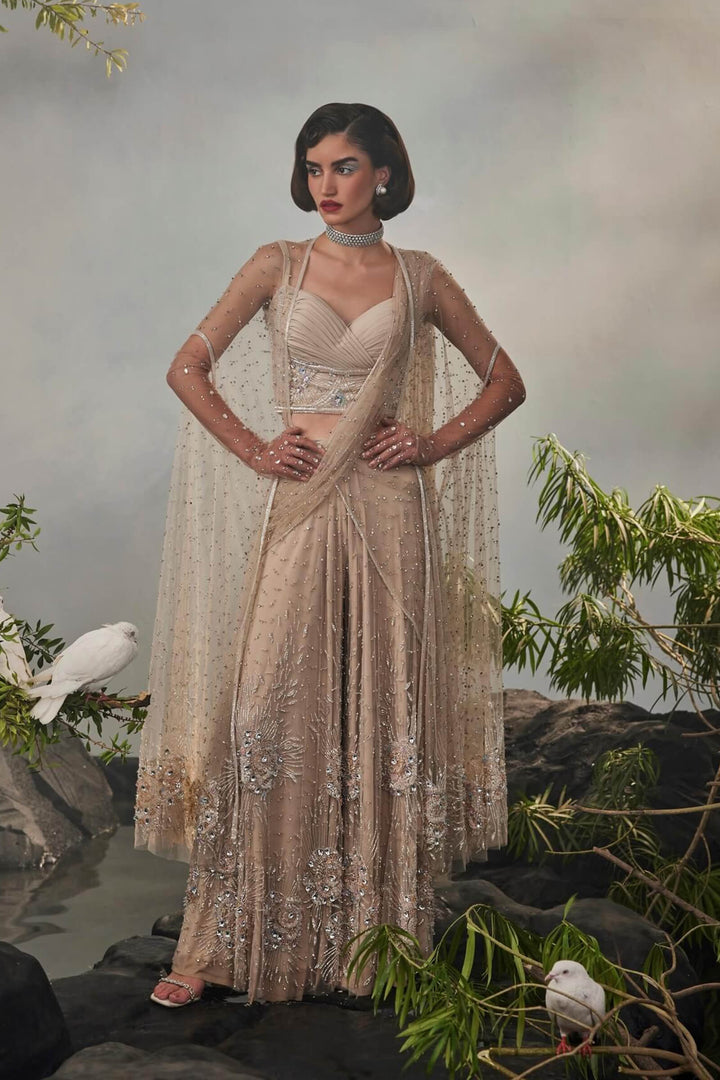 Champagne Sharara Saree With Pleated Blouse And Cape