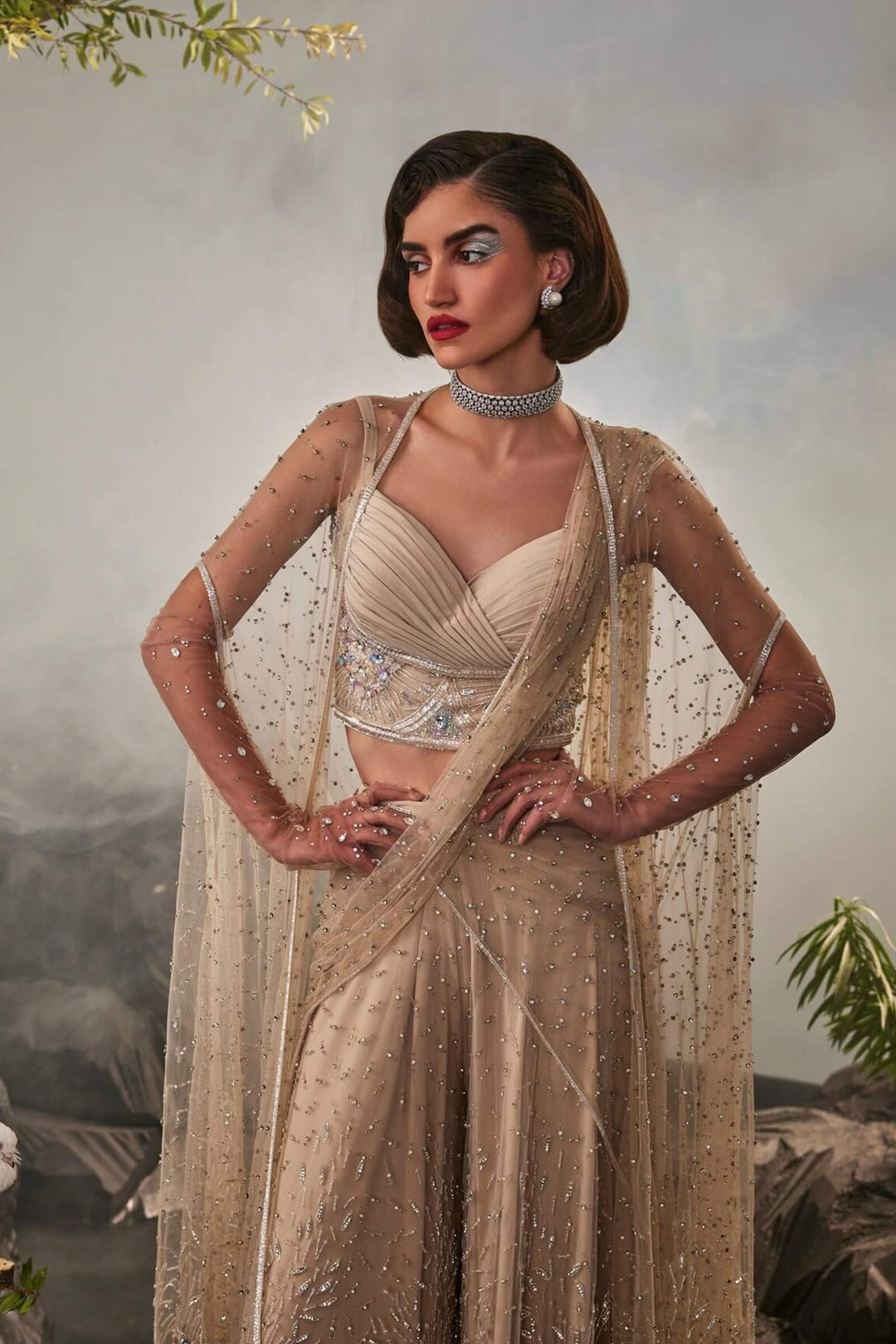 Champagne Sharara Saree With Pleated Blouse And Cape
