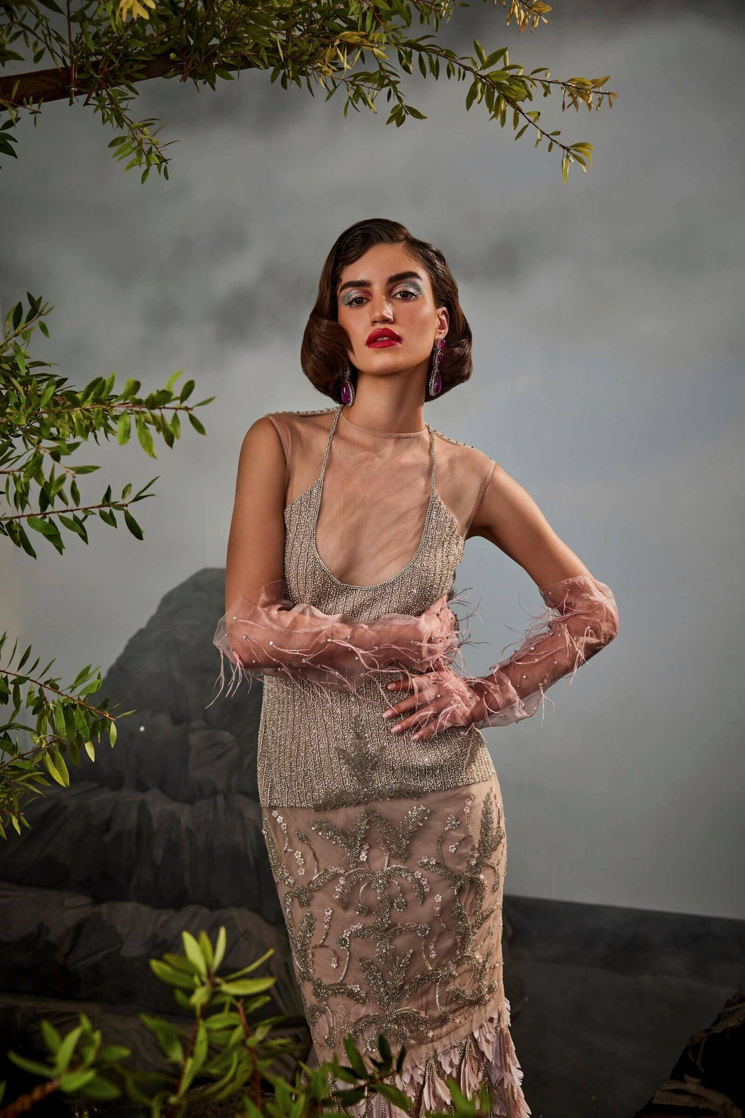 Blush Pink Bodycon Top And Feather Embellished Pencil Skirt
