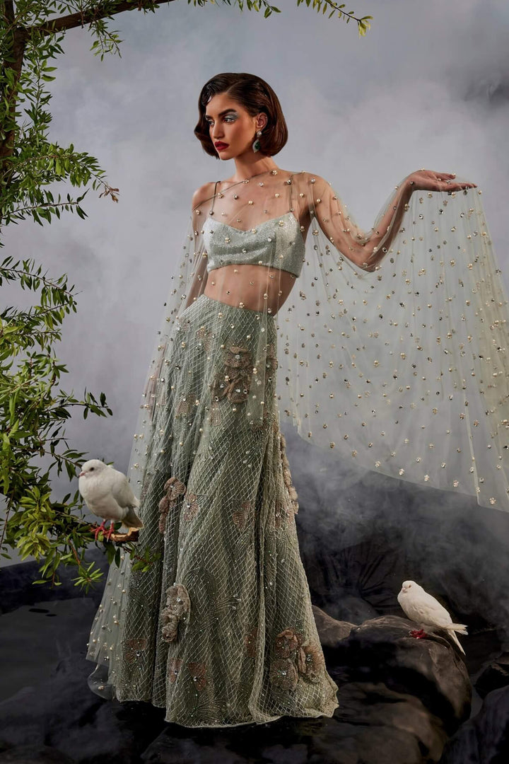 Grid Work Lehenga With Beaded Blouse And Stone Embellished Cape