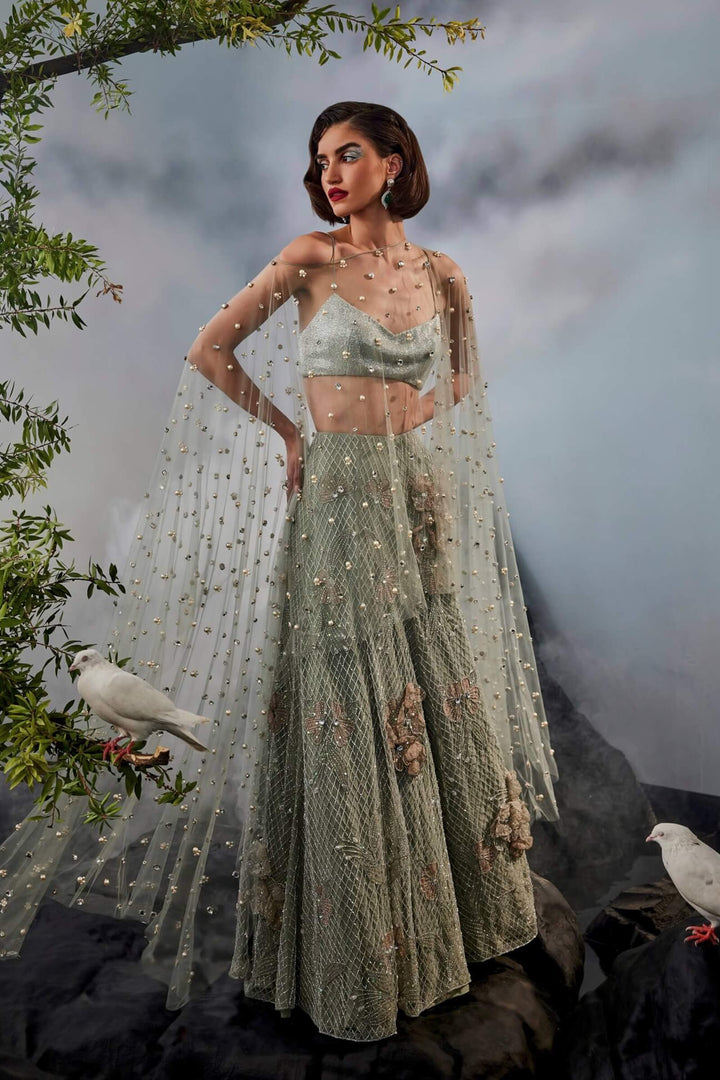 Grid Work Lehenga With Beaded Blouse And Stone Embellished Cape