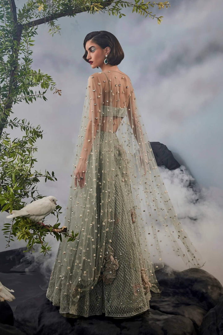 Grid Work Lehenga With Beaded Blouse And Stone Embellished Cape