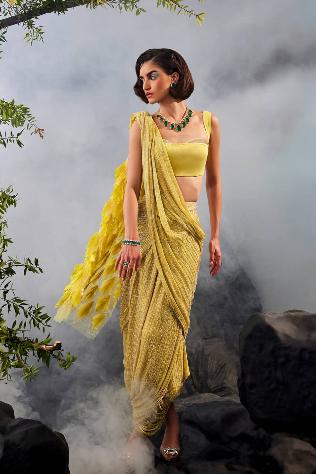 Sworowski Drape Saree With Feather Aanchal And Sworowski Embellished Blouse