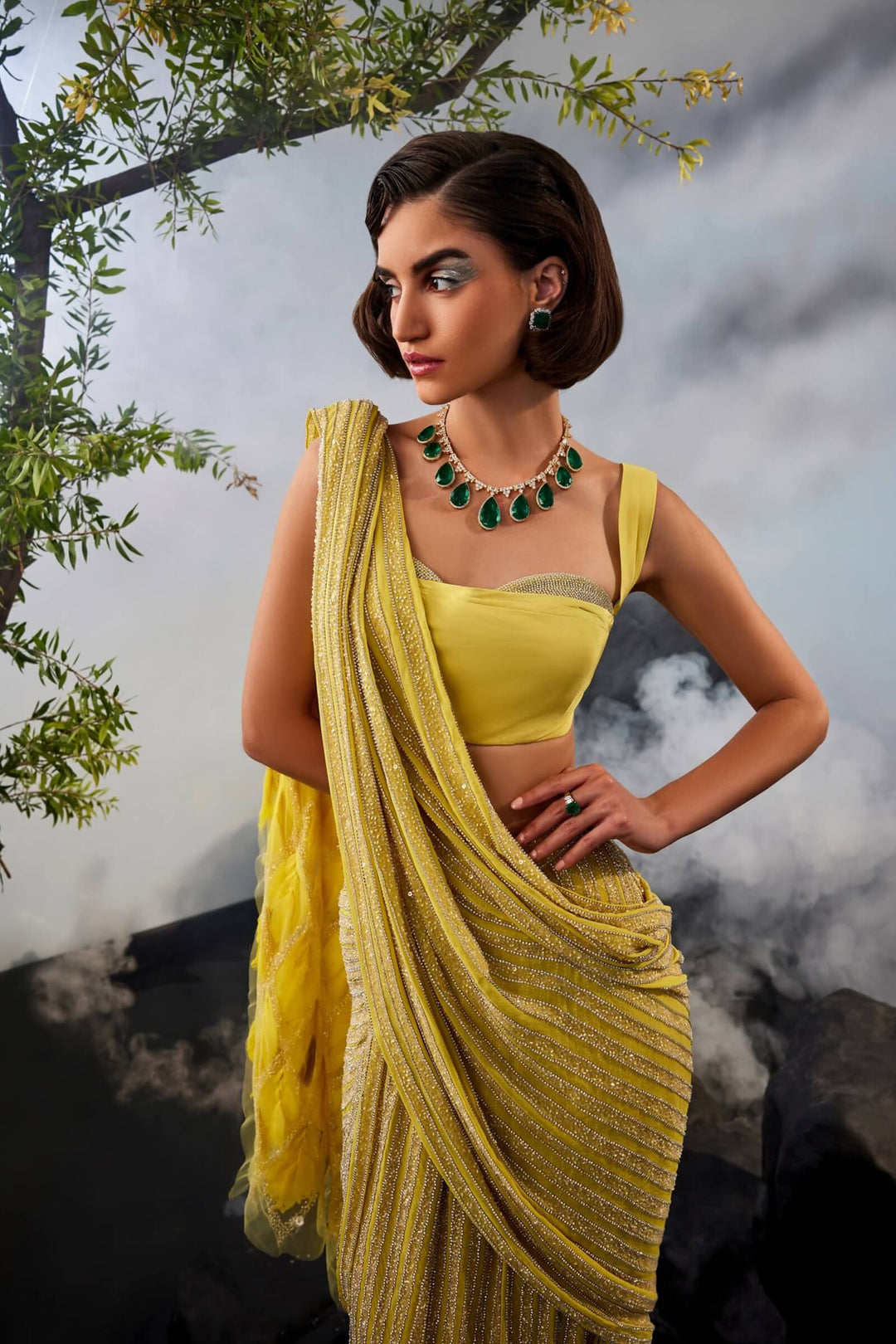 Sworowski Drape Saree With Feather Aanchal And Sworowski Embellished Blouse