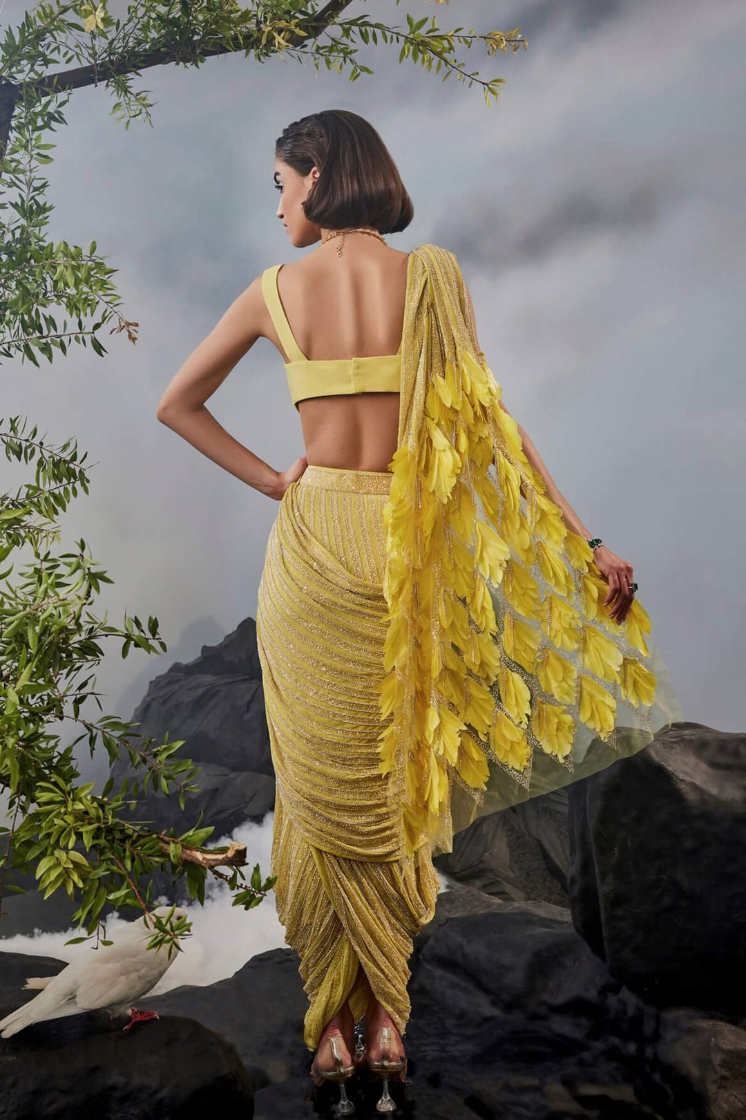 Sworowski Drape Saree With Feather Aanchal And Sworowski Embellished Blouse