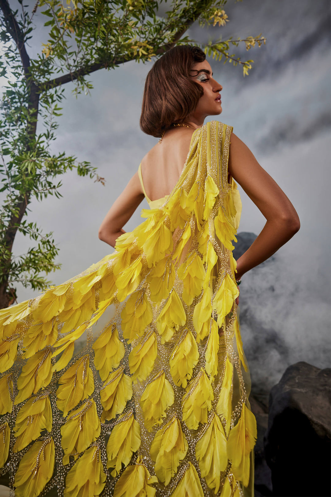 Sworowski Drape Saree With Feather Aanchal And Sworowski Embellished Blouse