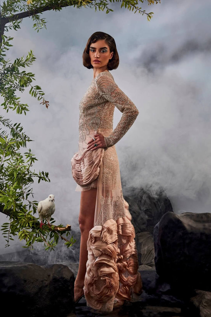 Starlight Dress with Asymetrical Hem & 3D Organza Ruffled Detail