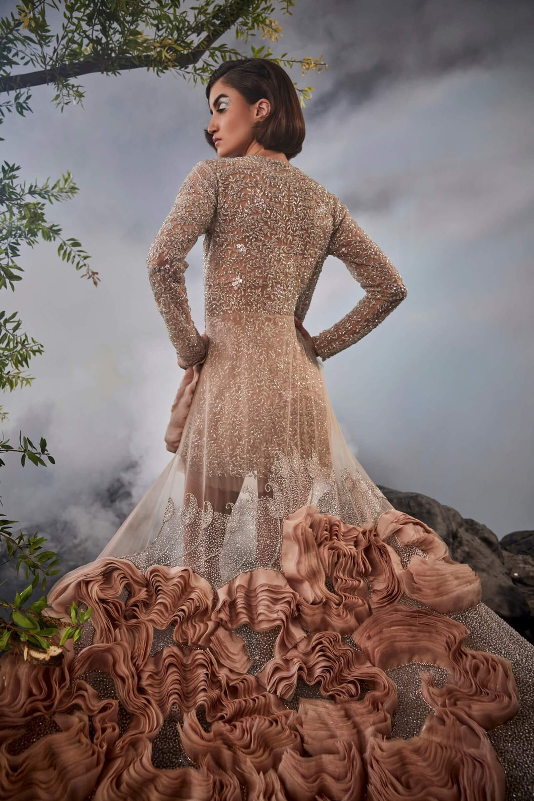 Starlight Dress with Asymetrical Hem & 3D Organza Ruffled Detail