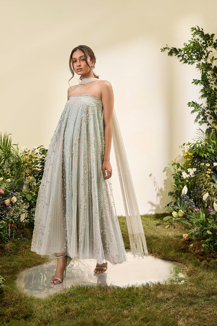 Multicolor Embellished Tent Dress With Tulle Stole