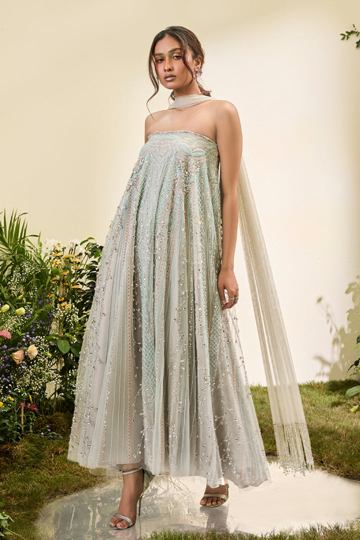 Multicolor Embellished Tent Dress With Tulle Stole