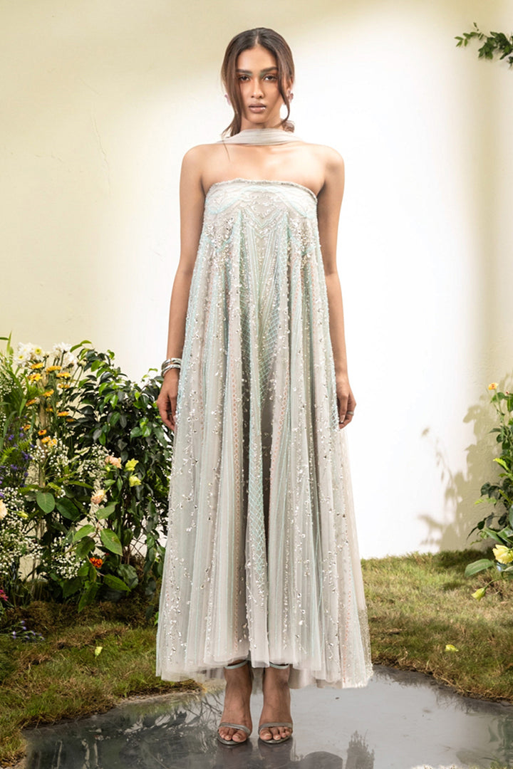Multicolor Embellished Tent Dress With Tulle Stole