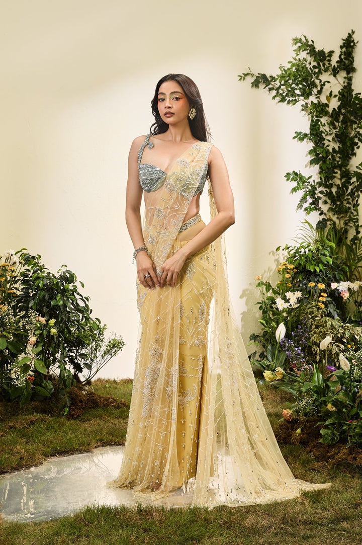 Lemon Yellow Saree With Crystal Blouse (Pre-stitched)
