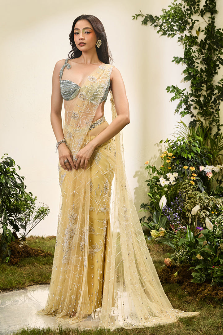 Lemon Yellow Saree With Crystal Blouse (Pre-stitched)
