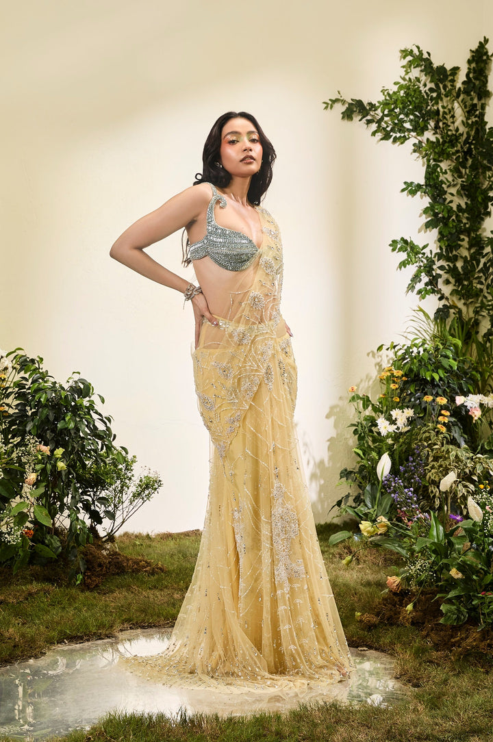Lemon Yellow Saree With Crystal Blouse (Pre-stitched)
