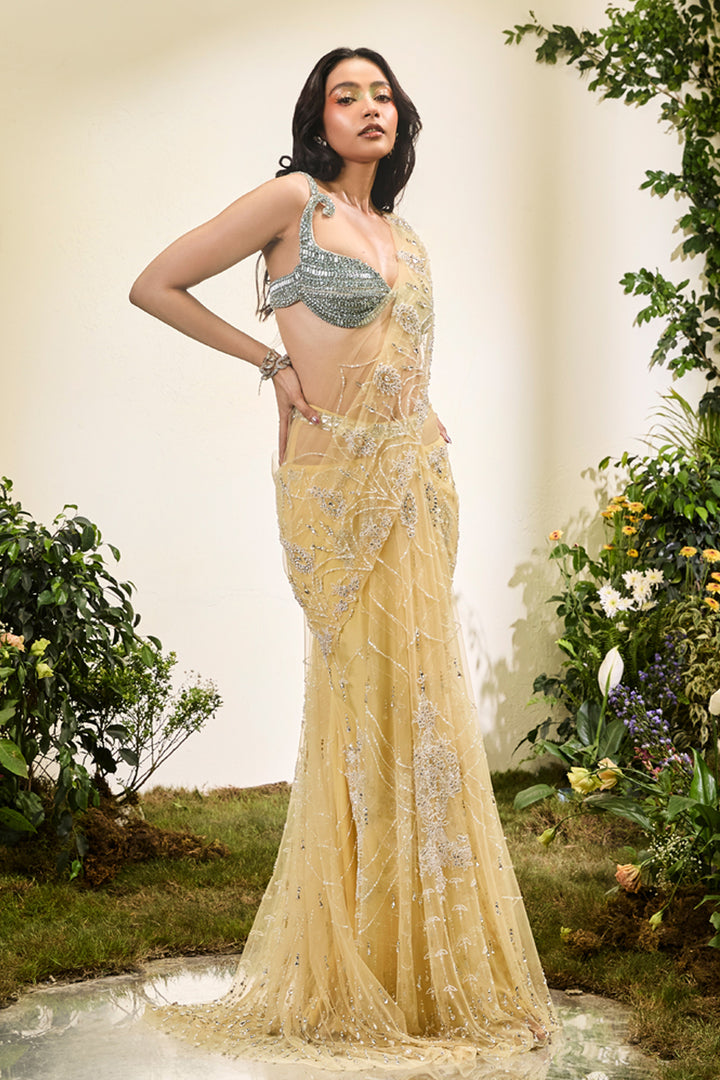 Lemon Yellow Saree With Crystal Blouse (Pre-stitched)