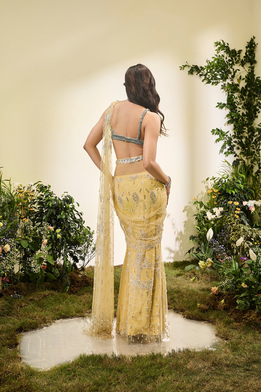 Lemon Yellow Saree With Crystal Blouse (Pre-stitched)