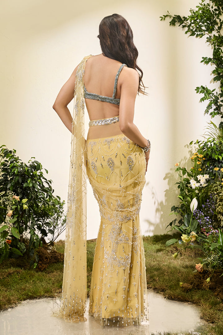 Lemon Yellow Saree With Crystal Blouse (Pre-stitched)