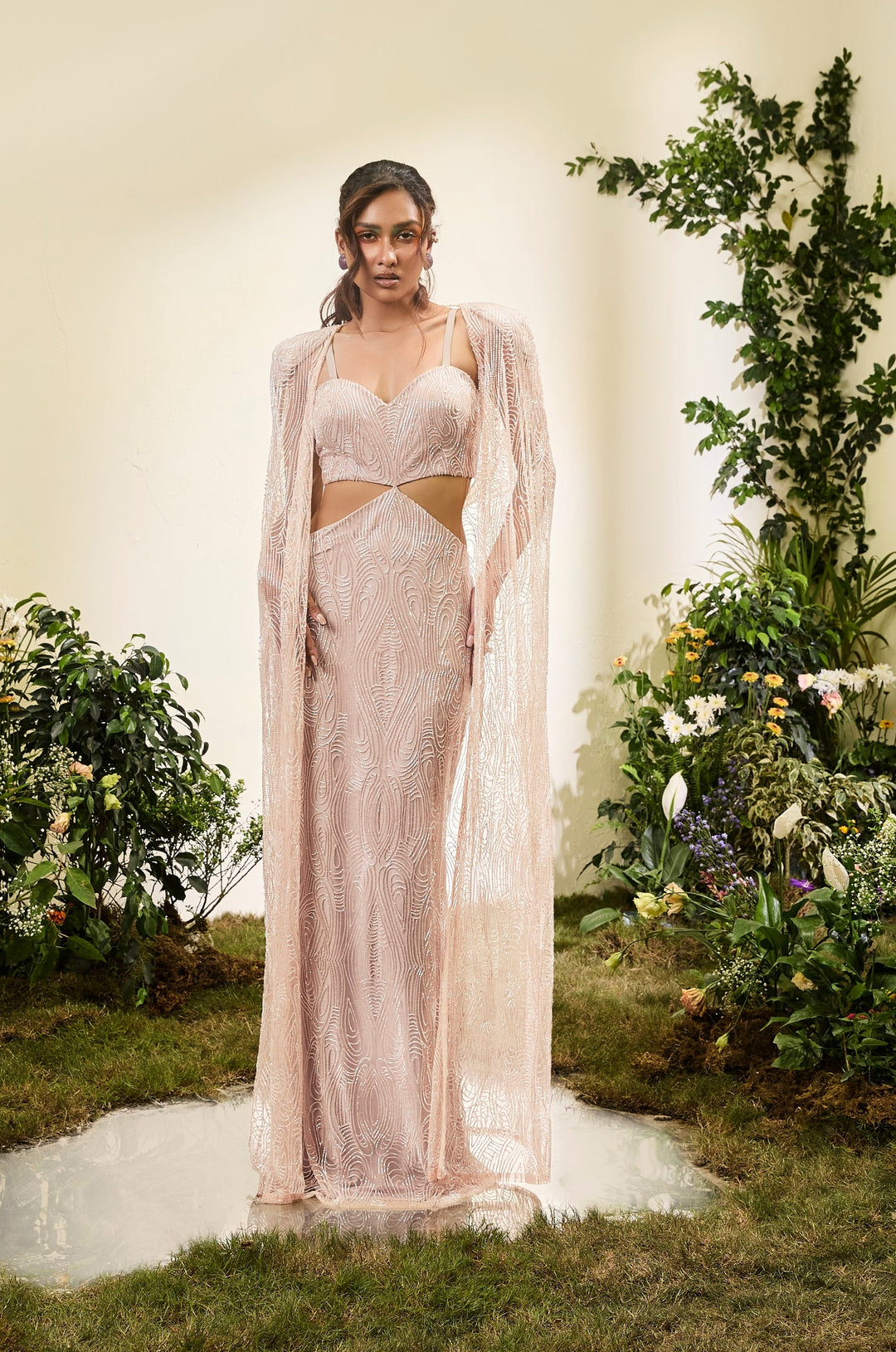 Pale Peach Beaded Cut Out Gown With Beaded Cape Esha Sethi Thirani Pale Peach Beaded Cut Out Gown With Beaded Cape Esha Sethi Thirani