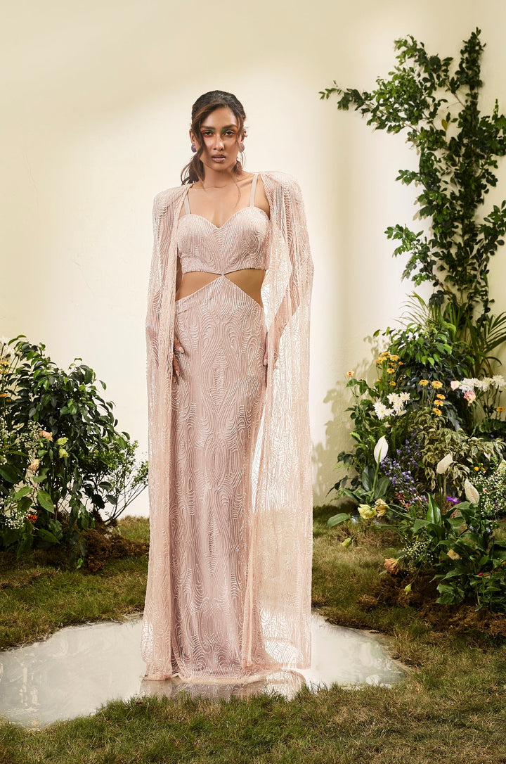 Pale Peach Beaded Cut Out Gown With Beaded Cape
