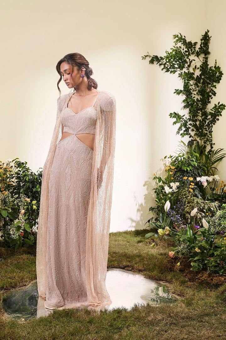 Pale Peach Beaded Cut Out Gown With Beaded Cape