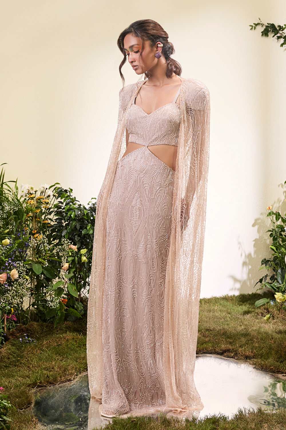 Pale Peach Beaded Cut Out Gown With Beaded Cape