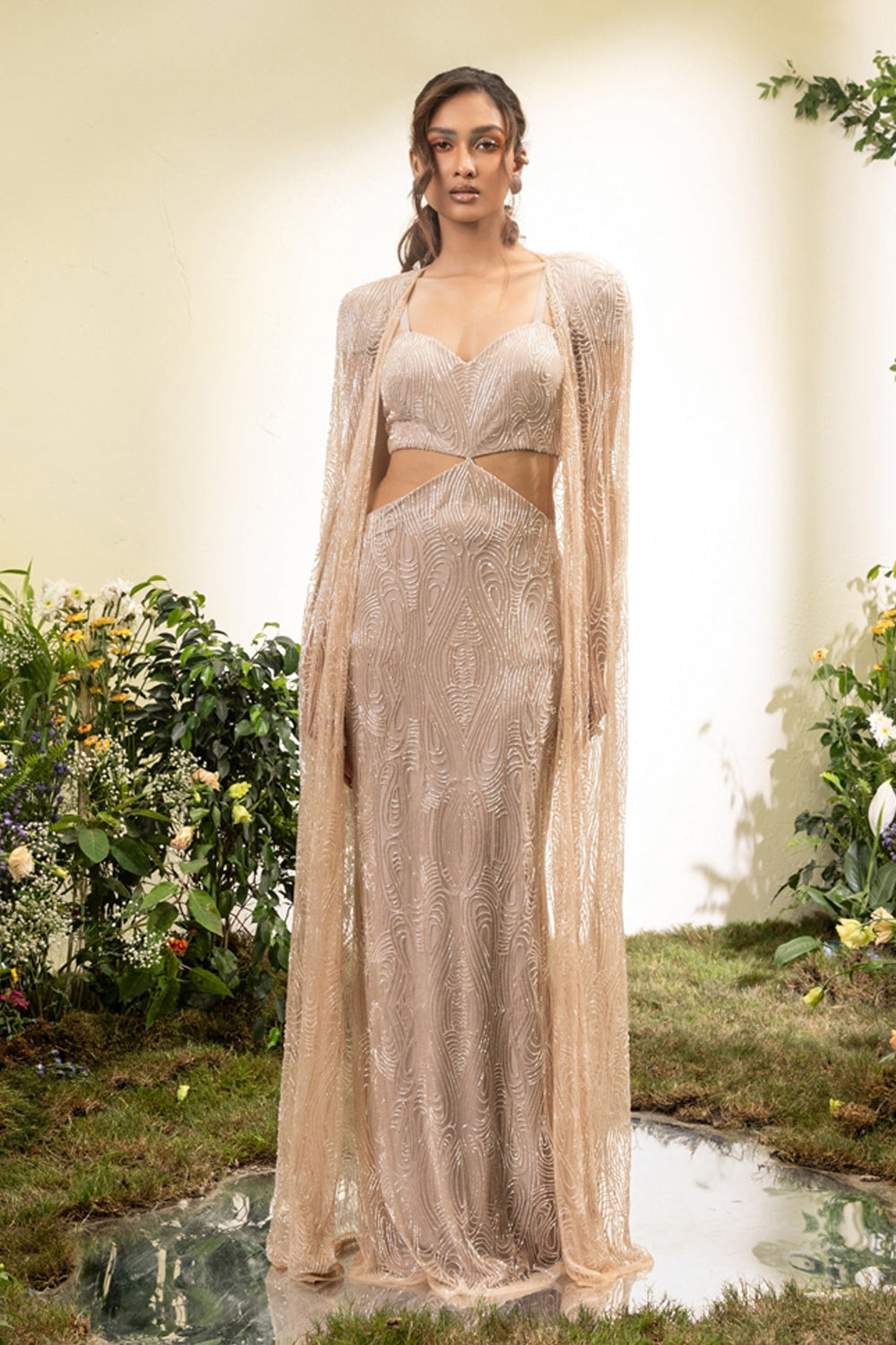 Pale Peach Beaded Cut Out Gown With Beaded Cape