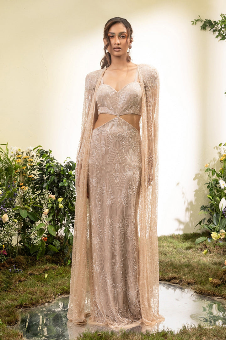 Pale Peach Beaded Cut Out Gown With Beaded Cape