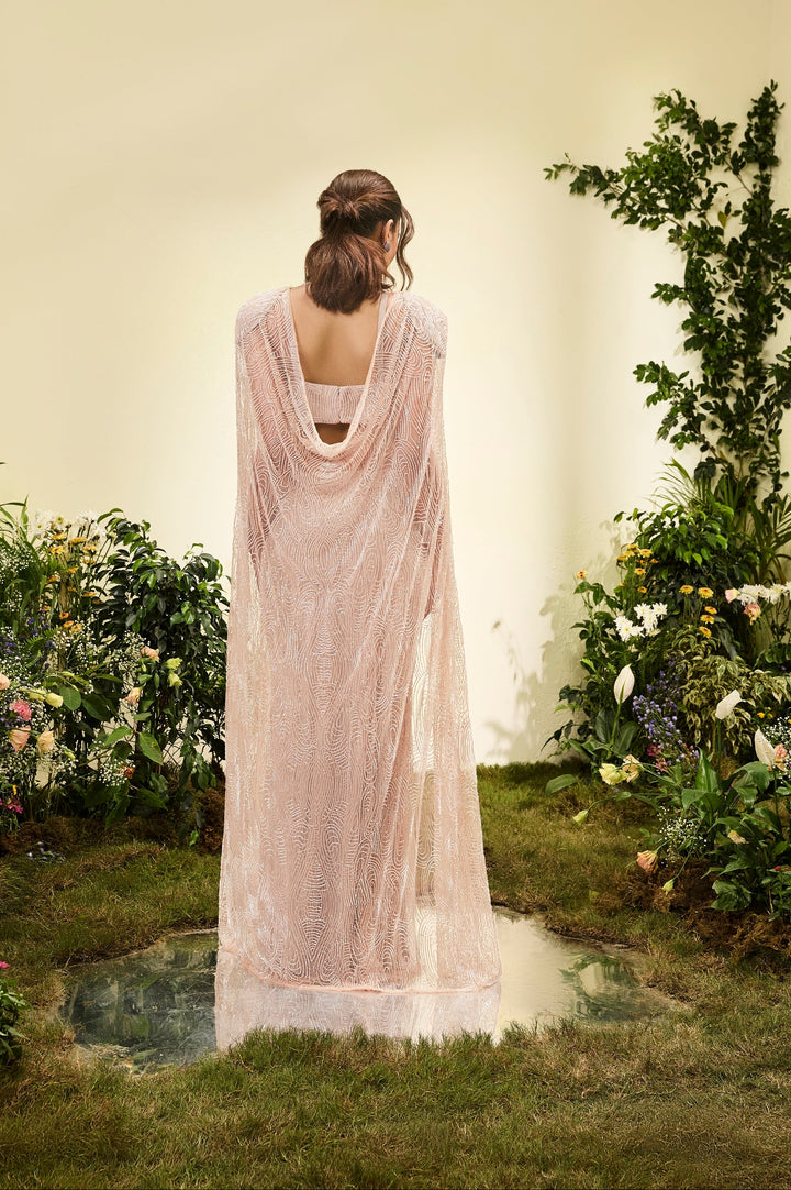 Pale Peach Beaded Cut Out Gown With Beaded Cape