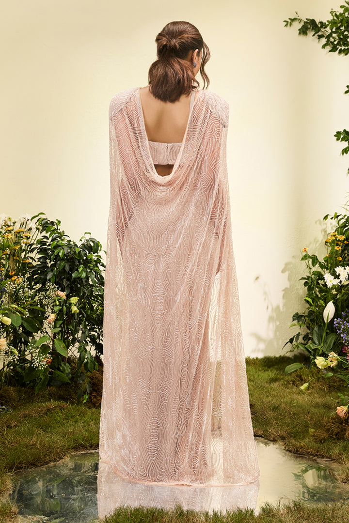 Pale Peach Beaded Cut Out Gown With Beaded Cape