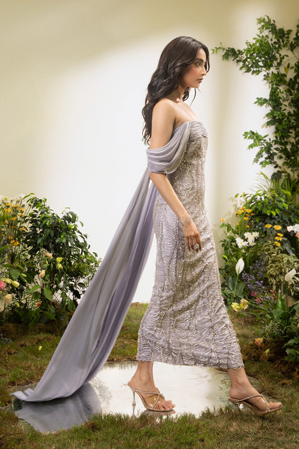 Embroidered Lavender Pencil Dress With Chiffon Drape