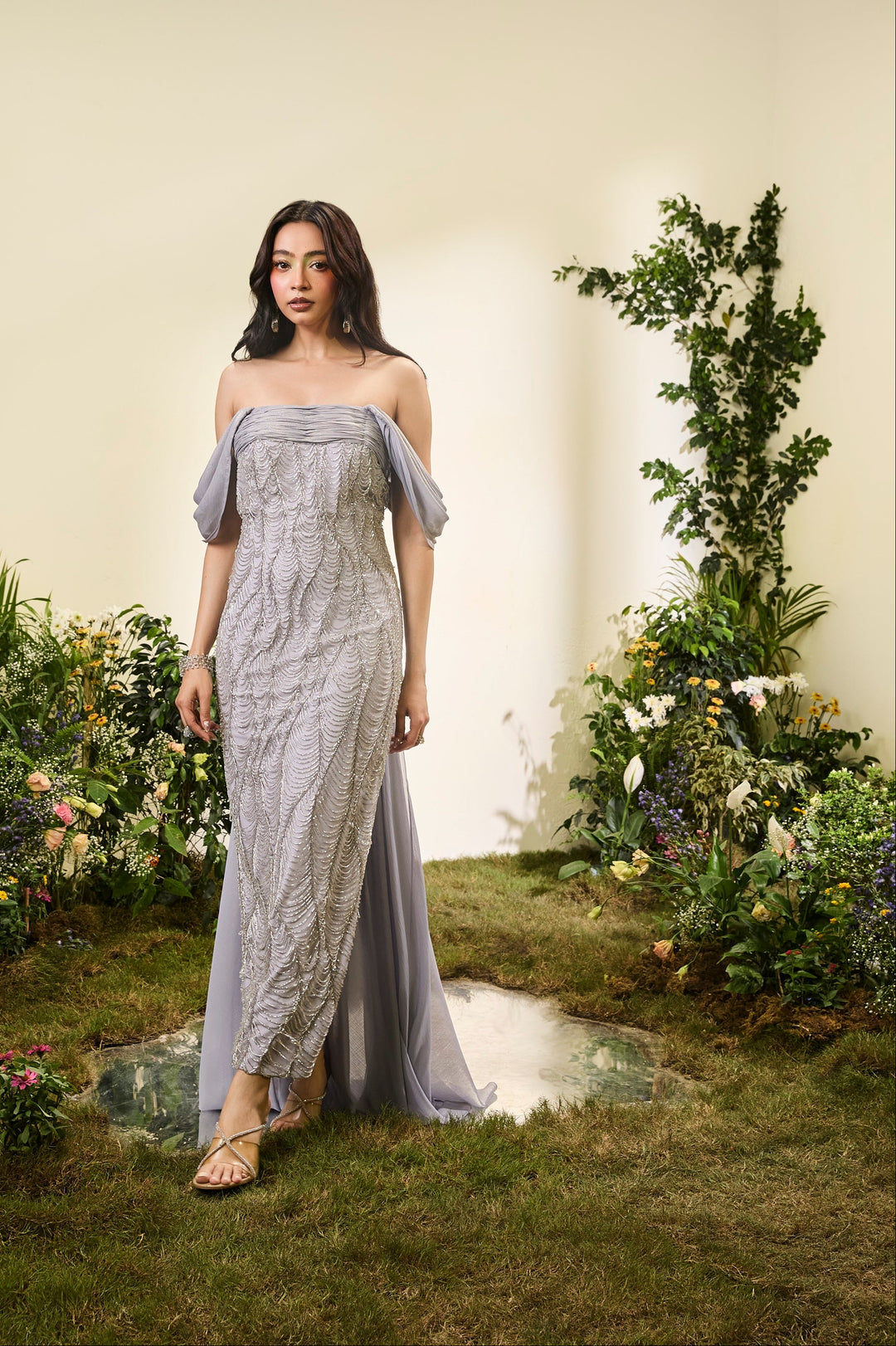 Embroidered Lavender Pencil Dress With Chiffon Drape