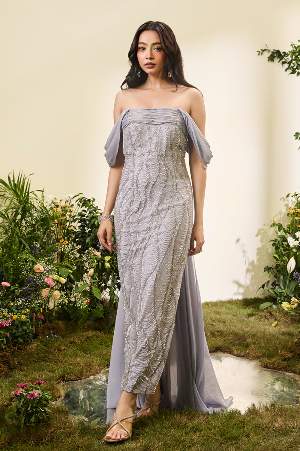 Embroidered Lavender Pencil Dress With Chiffon Drape