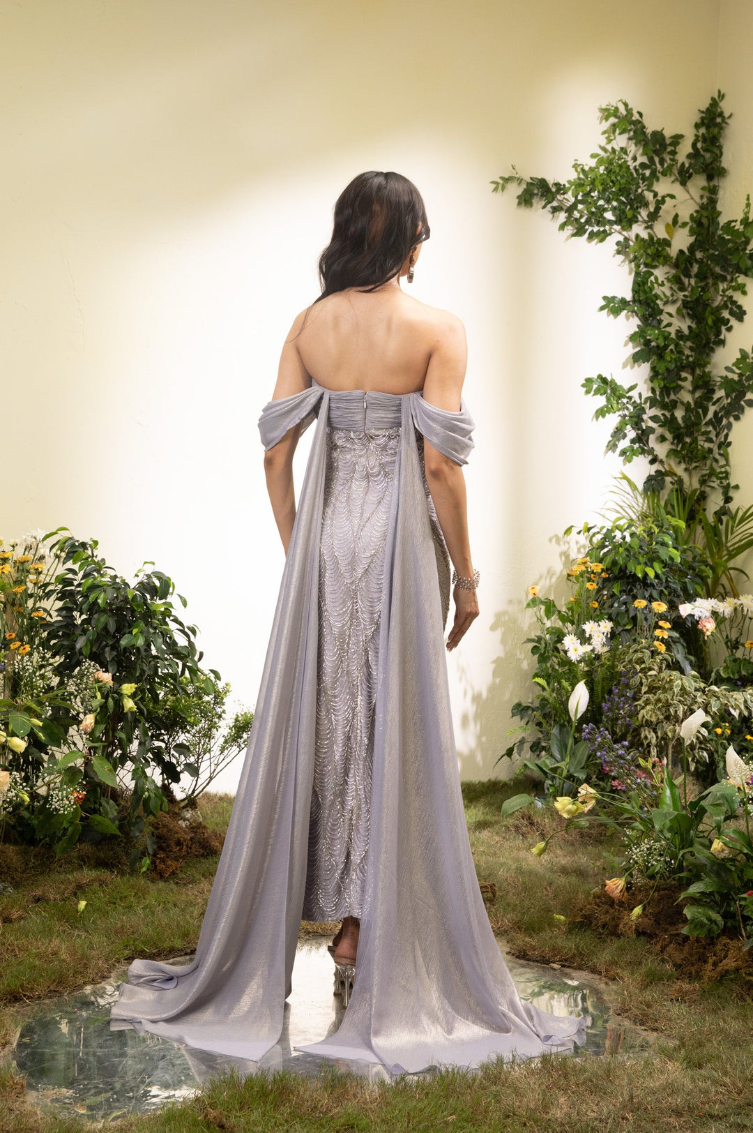 Embroidered Lavender Pencil Dress With Chiffon Drape