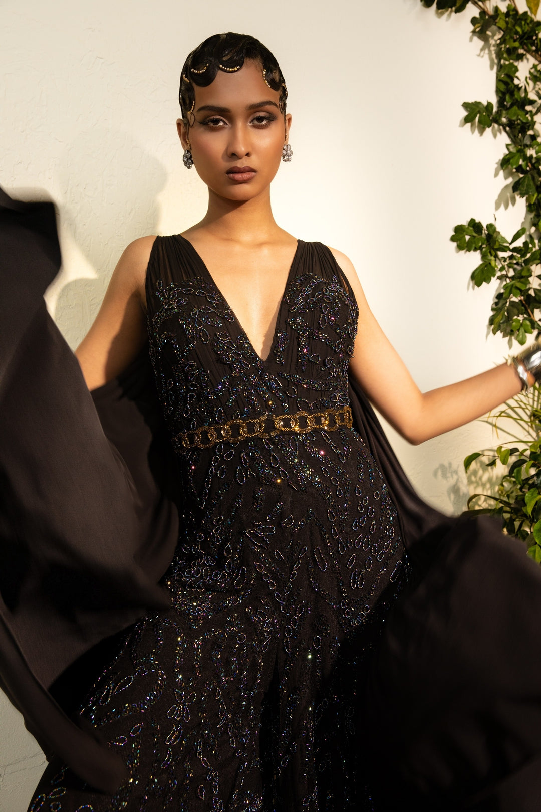 Black Hand Embroidered Jumpsuit With Cowl Back