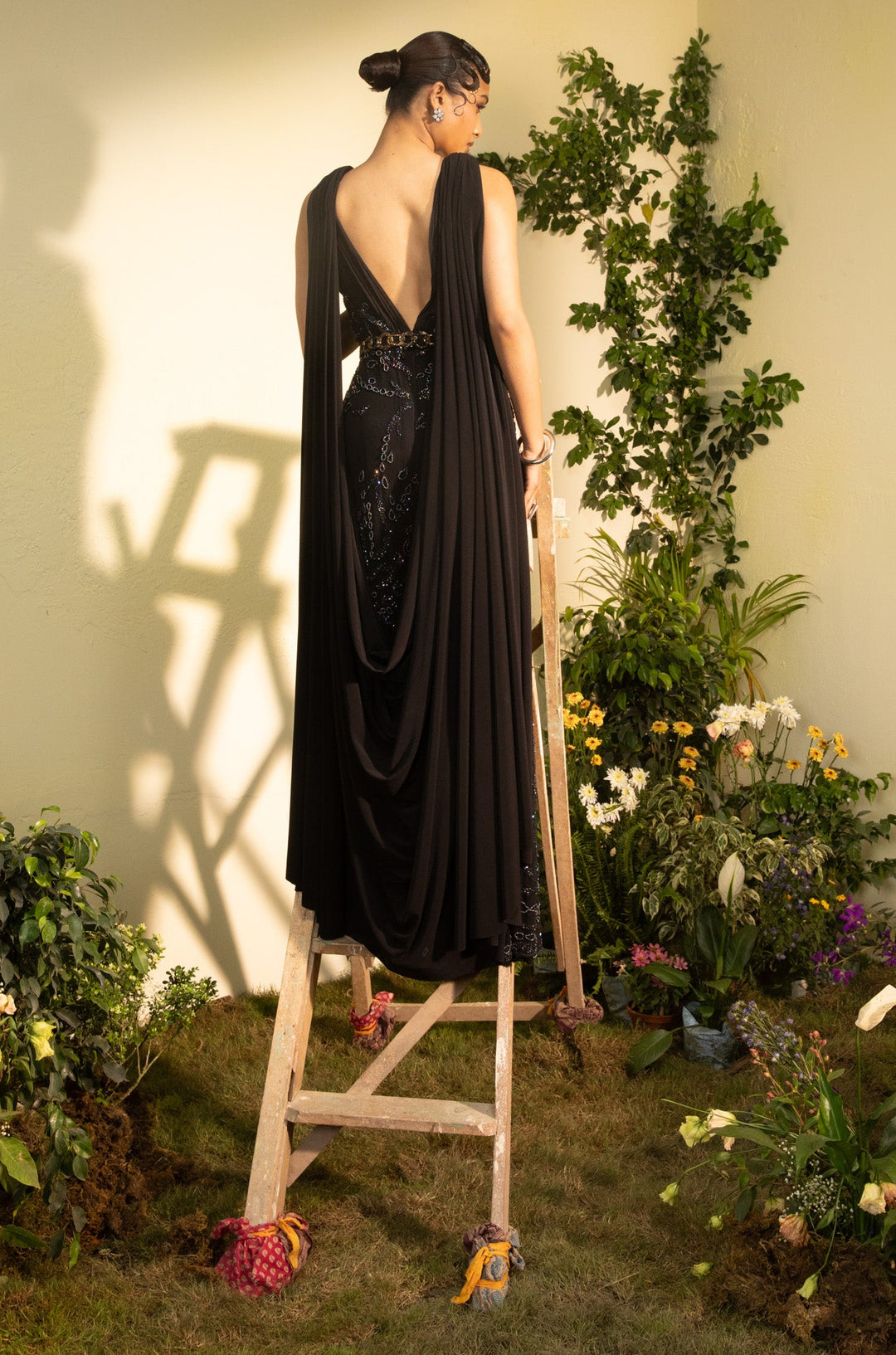 Black Hand Embroidered Jumpsuit With Cowl Back