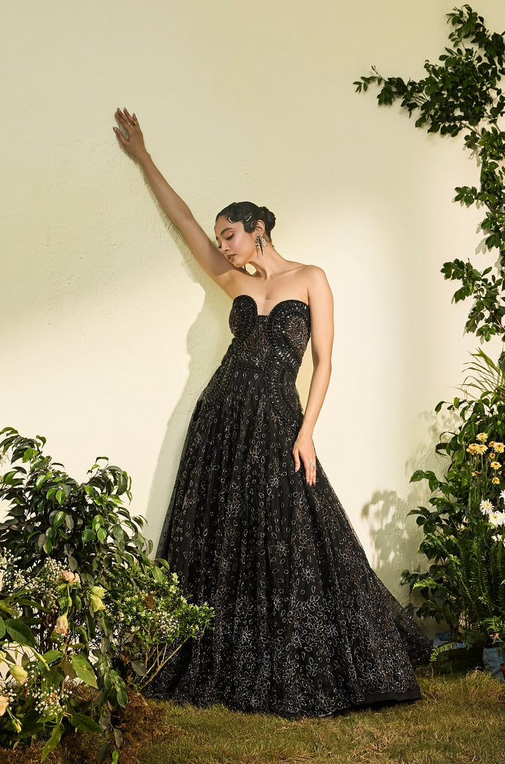 Black Off-shoulder Cutwork Gown With Beaded Yoke