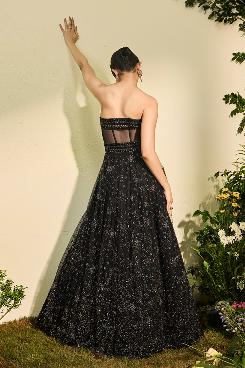 Black Off-shoulder Cutwork Gown With Beaded Yoke