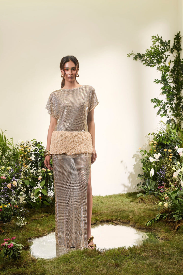 Gold Rhinestone Top & Slit Skirt Co-ord Set With Smocked Detail